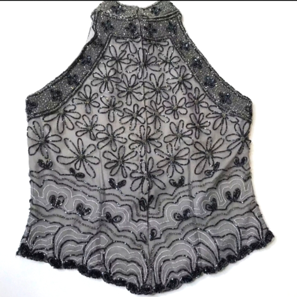 Papell Boutique Silk Beaded Halter Sleeveless Top Black SZ S Party Cocktail